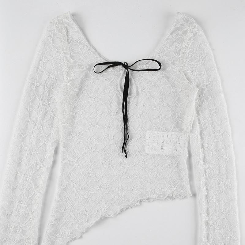 Romantic Lace Bow Front Asymmetrical Bell Sleeve Top - Fall's Must-Have Sheer Layer