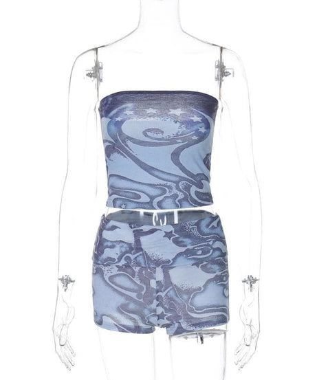 Y2K Celestial Swirl Tube Top & Shorts Set - Trendy Fall Transition Co-ord