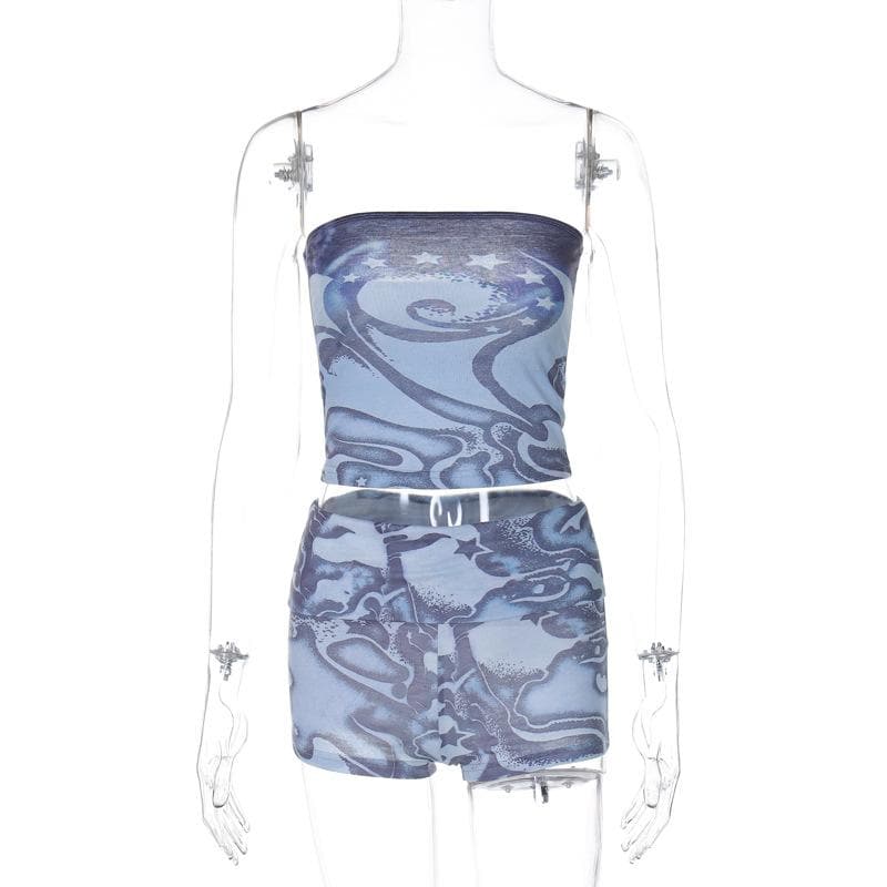 Y2K Celestial Swirl Tube Top & Shorts Set - Trendy Fall Transition Co-ord
