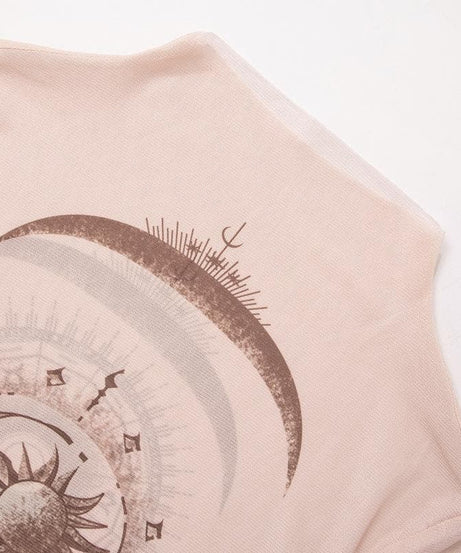 Cosmic Aura Sheer Mesh Mock Neck Top - Celestial Sun & Moon Fall Fashion