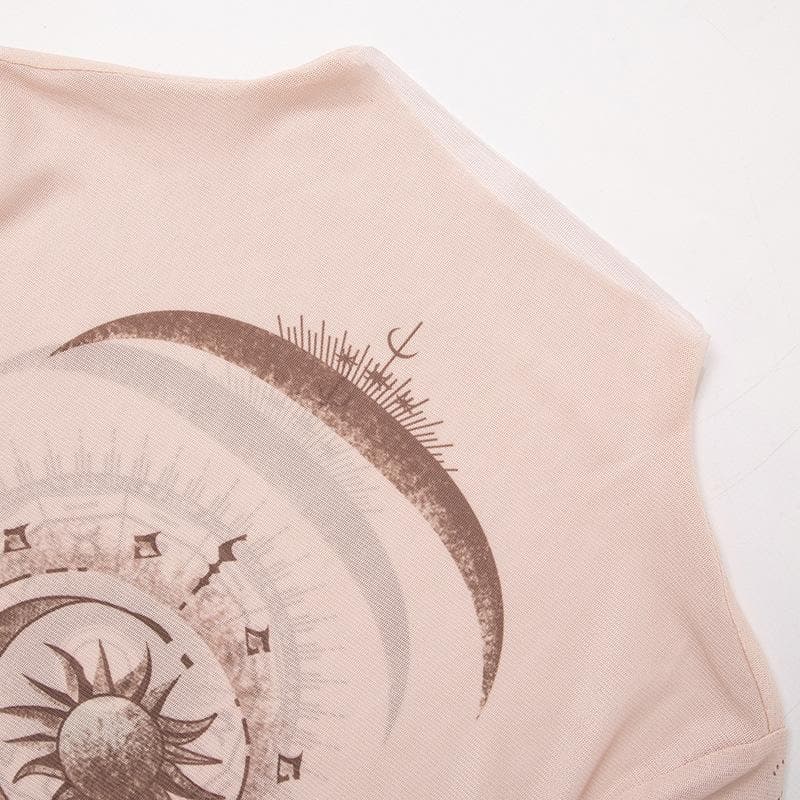 Cosmic Aura Sheer Mesh Mock Neck Top - Celestial Sun & Moon Fall Fashion