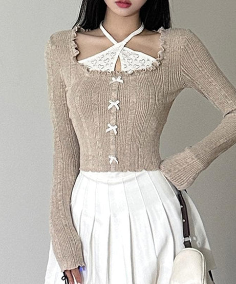 Autumn Coquette Ribbed Knit Crop Top: Layered Halter, Ruffles & Bows