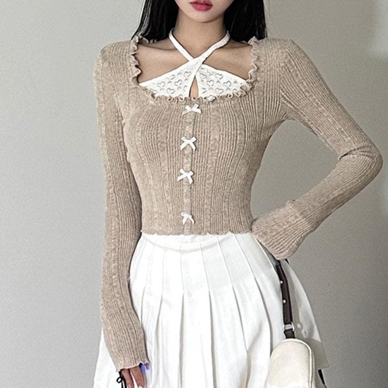 Autumn Coquette Ribbed Knit Crop Top: Layered Halter, Ruffles & Bows
