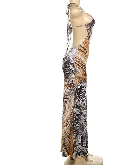 Daring Snakeskin Halter Cut-Out Maxi Dress - Fall Glam & Resort Ready