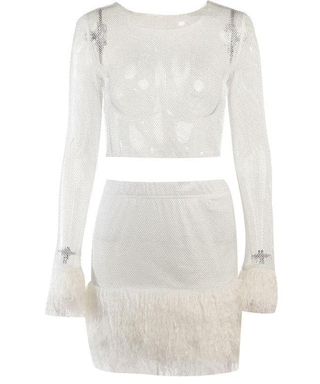 White Hot Feather Trim Fishnet Crop Top & Mini Skirt Set | Y2K Party & Halloween Ready