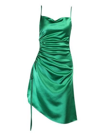 Emerald Green Satin Cowl Neck Ruched Midi Dress - Your Flattering Fall & Holiday Go-To
