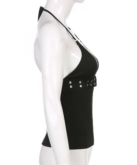 Fall Nights Out: Edgy Buckle & Grommet Plunge Halter Top - Y2K Fashion
