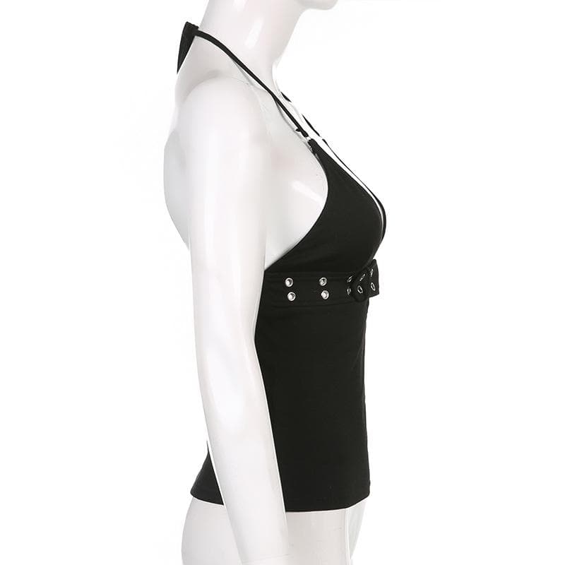 Fall Nights Out: Edgy Buckle & Grommet Plunge Halter Top - Y2K Fashion
