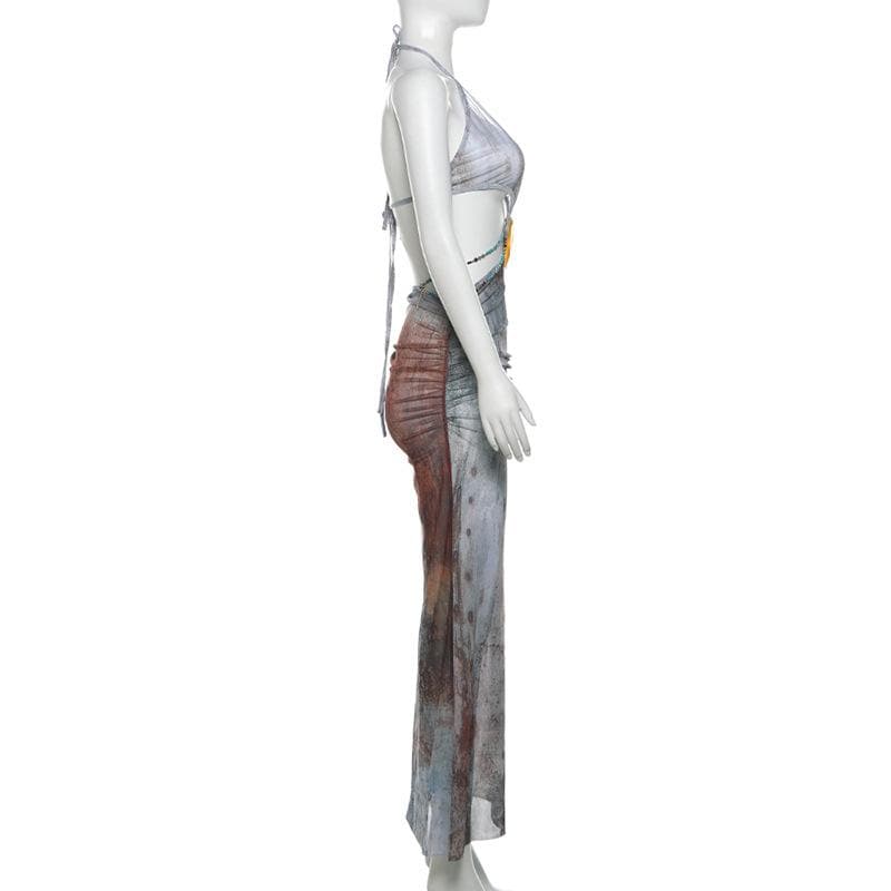 Mystic Shores Halter Maxi Dress - Shell Embellishment & Ombre Fall Print