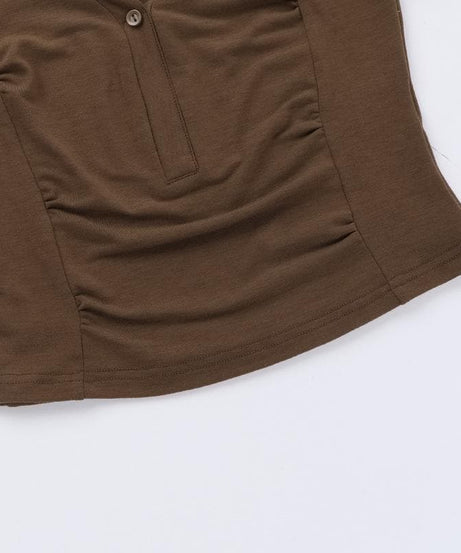 Women's Effortless Chic Mocha V-Neck Henley Crop Top - Your Essential Fall Layer