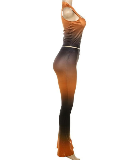 Fall Ombre Chic: Sleeveless Mock Neck Crop Top & Flared Pant Set