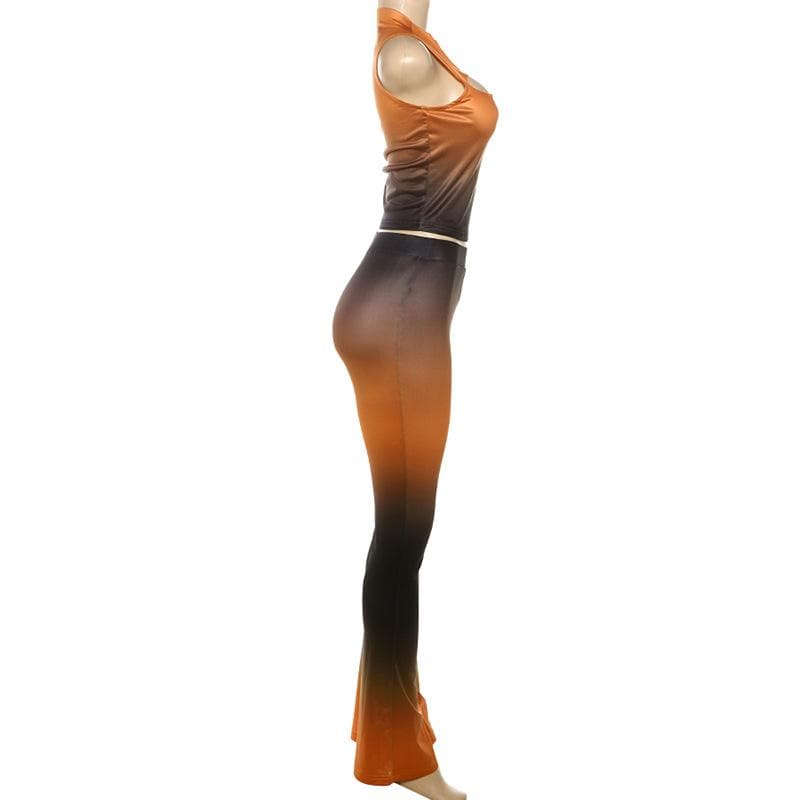 Fall Ombre Chic: Sleeveless Mock Neck Crop Top & Flared Pant Set