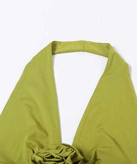 Enchanting Olive Green Halter Maxi Dress with Ruffled High Slits & Rose Applique - Your Fall Event Statement