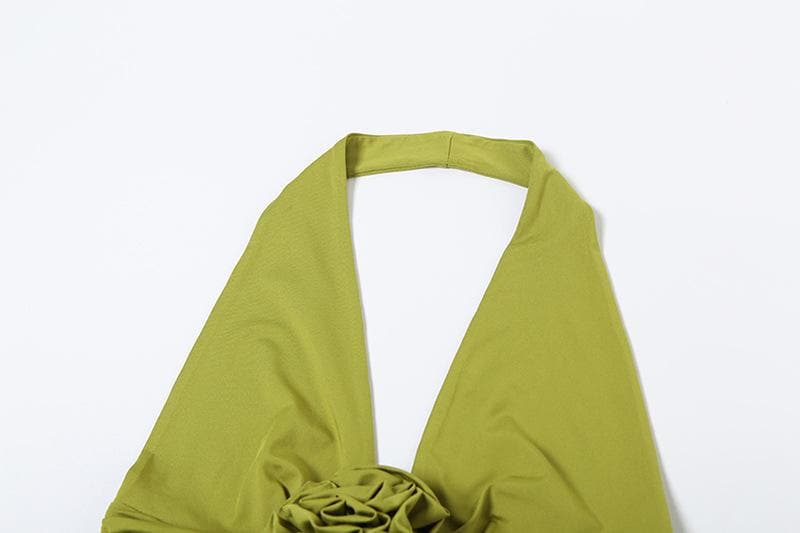 Enchanting Olive Green Halter Maxi Dress with Ruffled High Slits & Rose Applique - Your Fall Event Statement