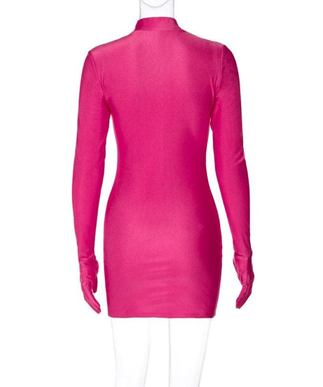 Showstopping Hot Pink High-Neck Bodycon Mini Dress with Attached Gloves – Fall & Holiday Party Ready