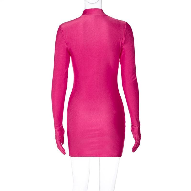 Showstopping Hot Pink High-Neck Bodycon Mini Dress with Attached Gloves – Fall & Holiday Party Ready