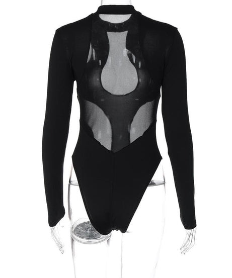 Sleek Black Mesh Panel Mock Neck Bodysuit - Edgy Long Sleeve Top for Fall & Halloween