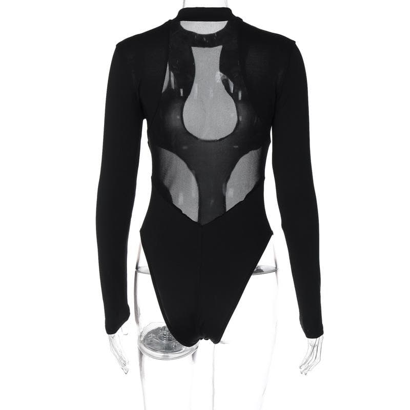 Sleek Black Mesh Panel Mock Neck Bodysuit - Edgy Long Sleeve Top for Fall & Halloween