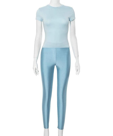 Effortless Fall Chic: Sky Blue Shimmer High-Rise Legging & Short Sleeve Top Athleisure Set