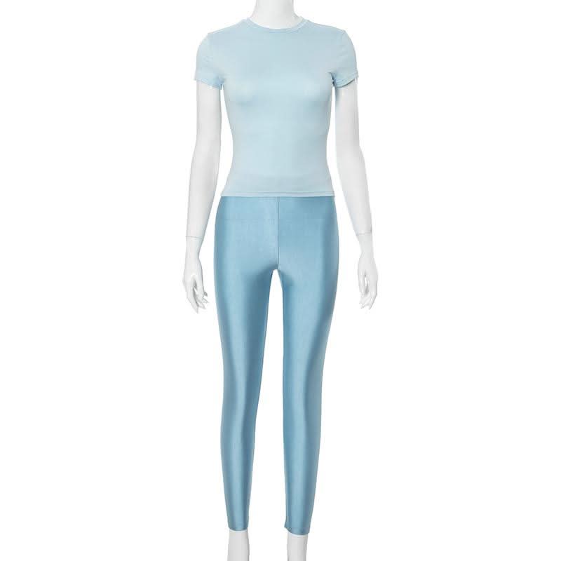 Effortless Fall Chic: Sky Blue Shimmer High-Rise Legging & Short Sleeve Top Athleisure Set