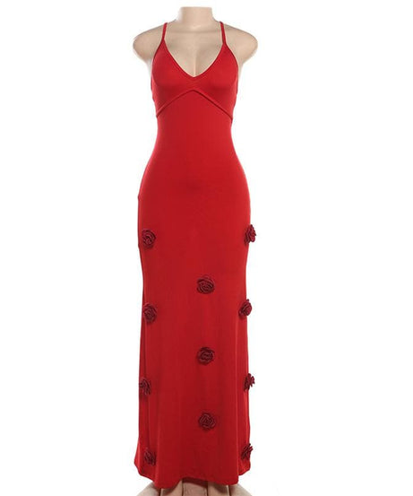 Elegant White Rose Applique Maxi Slip Dress - Perfect for Holiday Soirees & Bridal Moments