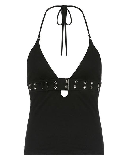 Fall Nights Out: Edgy Buckle & Grommet Plunge Halter Top - Y2K Fashion
