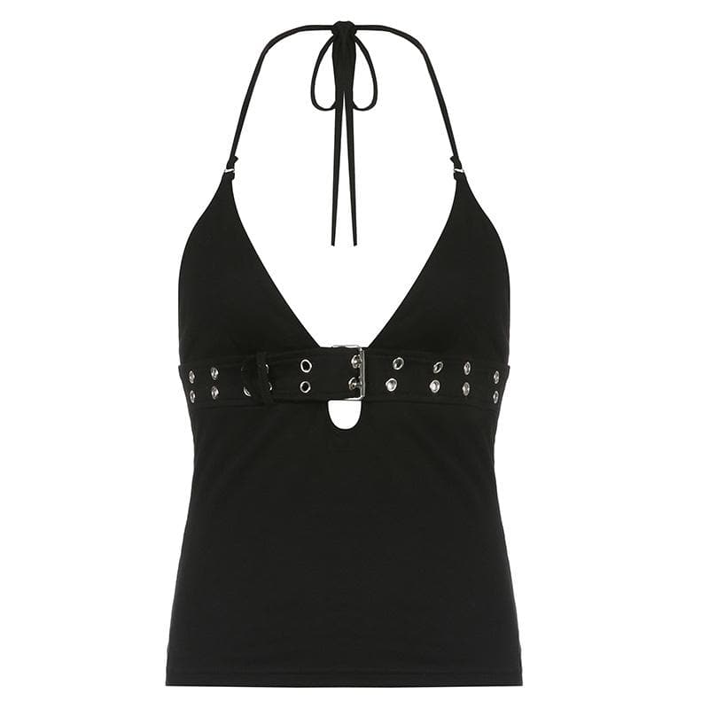 Fall Nights Out: Edgy Buckle & Grommet Plunge Halter Top - Y2K Fashion
