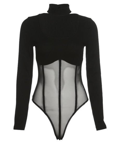 Midnight Ribbed & Mesh Bodysuit | High-Neck Choker Corset Top for Edgy Fall Nights