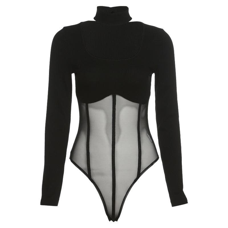 Midnight Ribbed & Mesh Bodysuit | High-Neck Choker Corset Top for Edgy Fall Nights