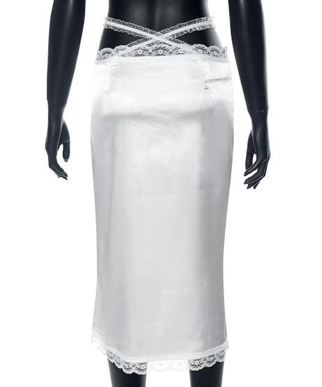 Enchanting White Lace Slip Midi Dress | Alluring Bow Cutout & Criss-Cross Back for Fall & Holiday Parties