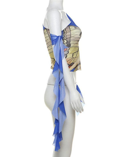 Enchanting Butterfly Art One-Shoulder Mesh Top - Flared Sleeve Y2K Style for Fall