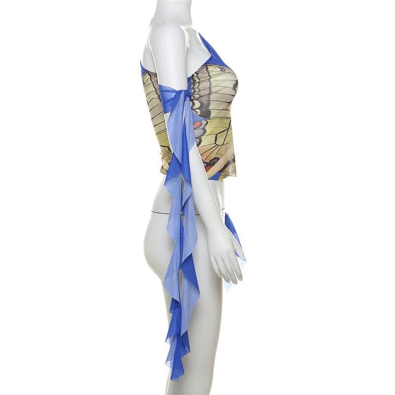 Enchanting Butterfly Art One-Shoulder Mesh Top - Flared Sleeve Y2K Style for Fall