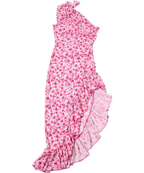 Fall Getaway Chic: Knotted One-Shoulder Floral High-Low Ruffle Maxi Dress
