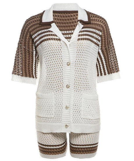 Cozy Knit Polo Top & Shorts Set - Effortless Green & White Fall Loungewear