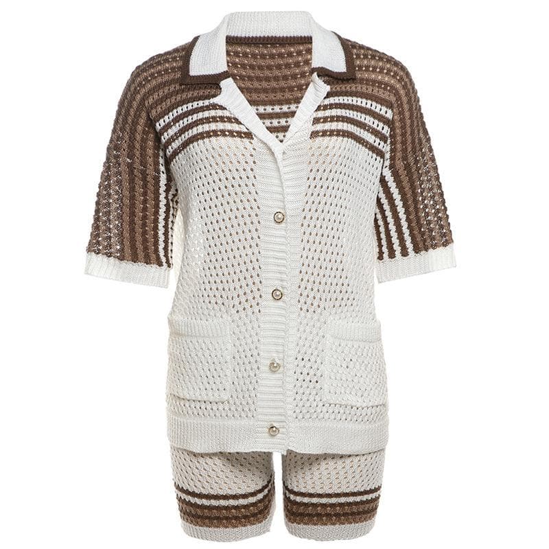 Cozy Knit Polo Top & Shorts Set - Effortless Green & White Fall Loungewear
