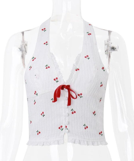 Sweet Cherry Halter Crop Top - Coquette Bow & Ruffle Trim for Y2K & Vacation Style