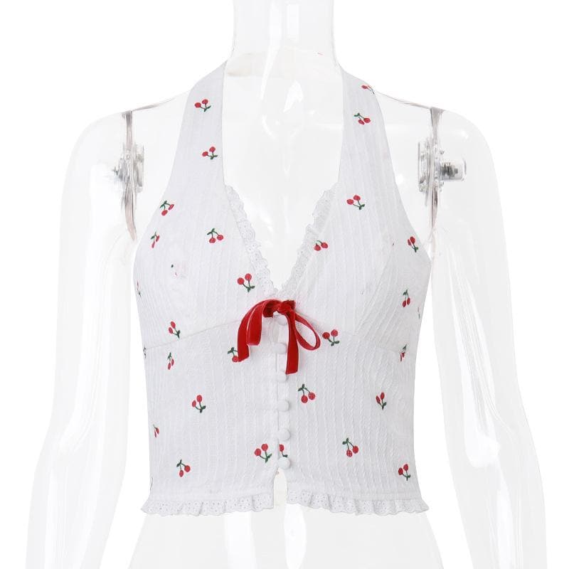 Sweet Cherry Halter Crop Top - Coquette Bow & Ruffle Trim for Y2K & Vacation Style
