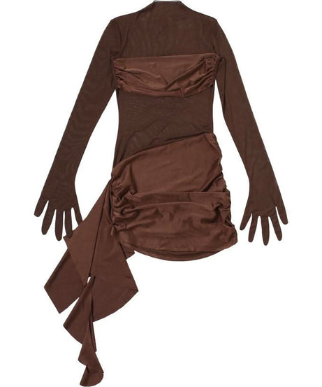 Bronze Siren: Sheer Mesh Ruched Mini Dress with Built-in Gloves - Fall & Holiday Party Ready