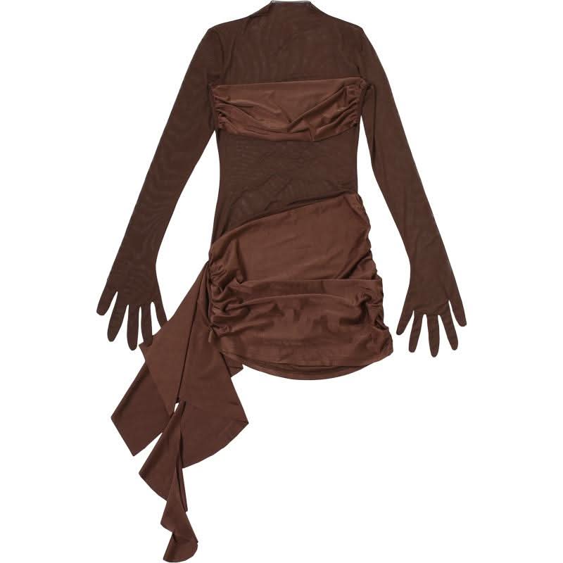 Bronze Siren: Sheer Mesh Ruched Mini Dress with Built-in Gloves - Fall & Holiday Party Ready