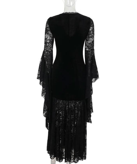 Bewitching Black Velvet & Lace Maxi Dress - Elegant Bell Sleeve Gown for Halloween & Fall Soirees