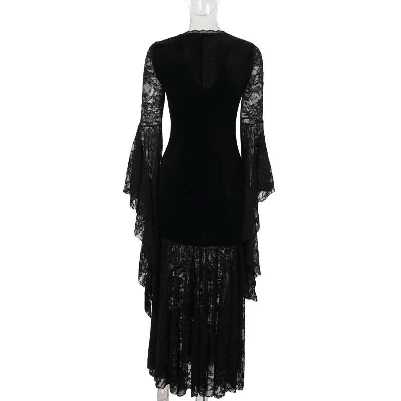 Bewitching Black Velvet & Lace Maxi Dress - Elegant Bell Sleeve Gown for Halloween & Fall Soirees