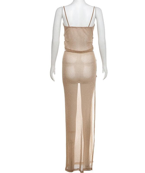 Golden Hour Glam: Shimmer Cowl Neck Crop Top & High Slit Maxi Skirt Set – Perfect for Holiday Parties & Warm Escapes