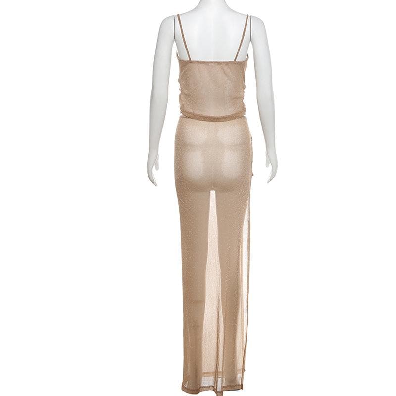 Golden Hour Glam: Shimmer Cowl Neck Crop Top & High Slit Maxi Skirt Set – Perfect for Holiday Parties & Warm Escapes