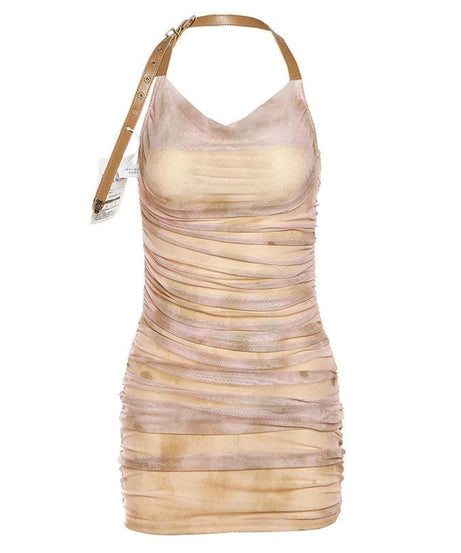 Spooky Chic Halter Mini Dress - Distressed Mummy Ruched Bodycon for Halloween & Fall Parties