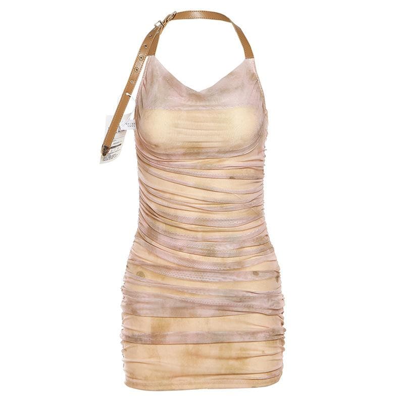 Spooky Chic Halter Mini Dress - Distressed Mummy Ruched Bodycon for Halloween & Fall Parties
