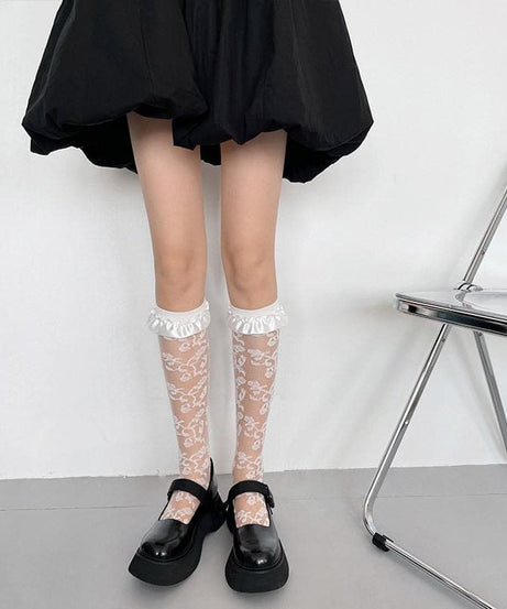 Enchanting Black Floral Mesh Ruffle Knee-High Socks – Perfect for Fall & Spooky Season Style