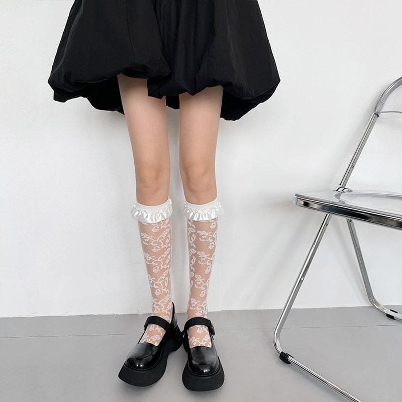 Enchanting Black Floral Mesh Ruffle Knee-High Socks – Perfect for Fall & Spooky Season Style