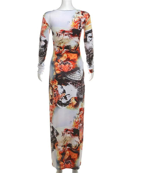 Artistic Renaissance Print Long Sleeve Maxi Dress - Fall Statement Style