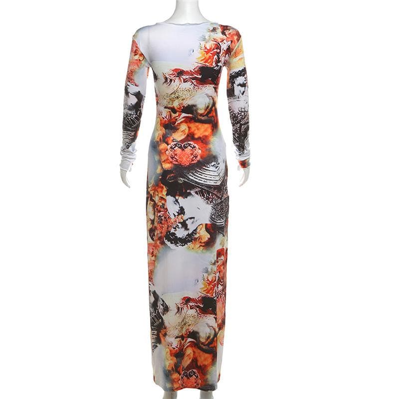 Artistic Renaissance Print Long Sleeve Maxi Dress - Fall Statement Style