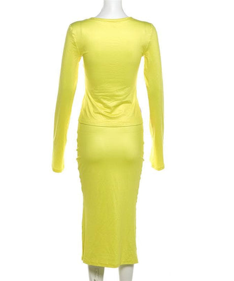 Lime Green Glow-Up: O-Ring Long Sleeve Midi Skirt Set – Your Fall & Holiday Statement Piece